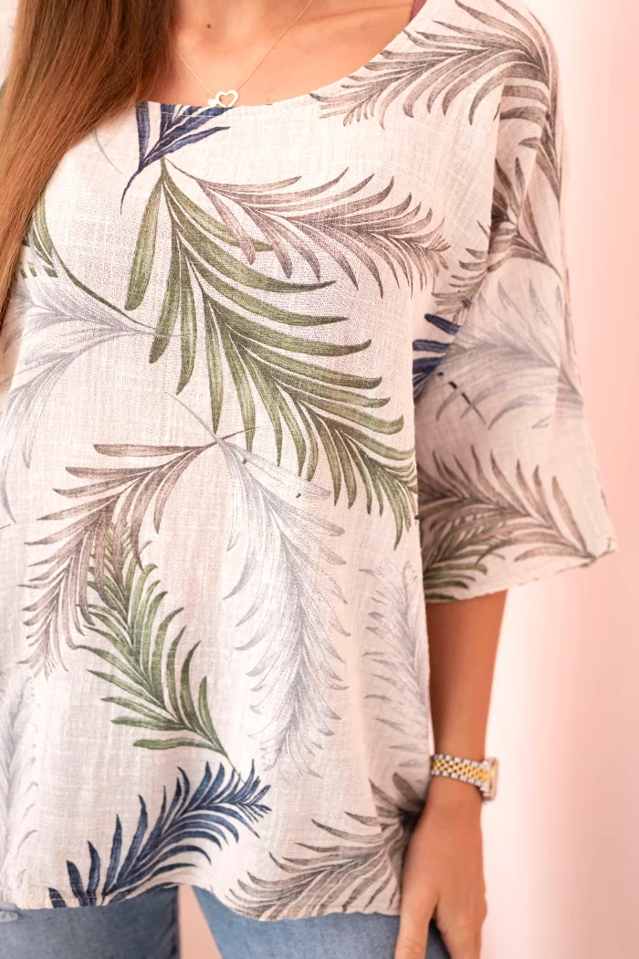 Kesi Włoski Women's cotton blouse with leaves with roll-up sleeves beige