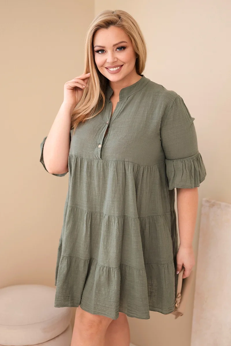 Plus size dámské šaty s volány khaki