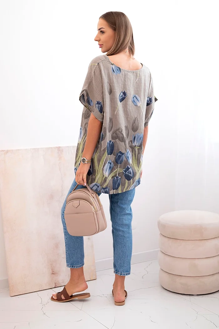 Kesi Włoski Women&#039;s cotton shirt with a floral pattern fango