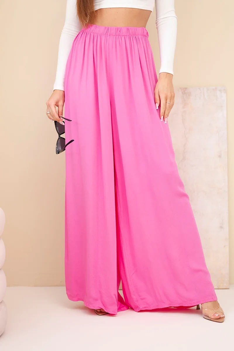 Dámské široké viskózové kalhoty s elastickým pasem, růžové