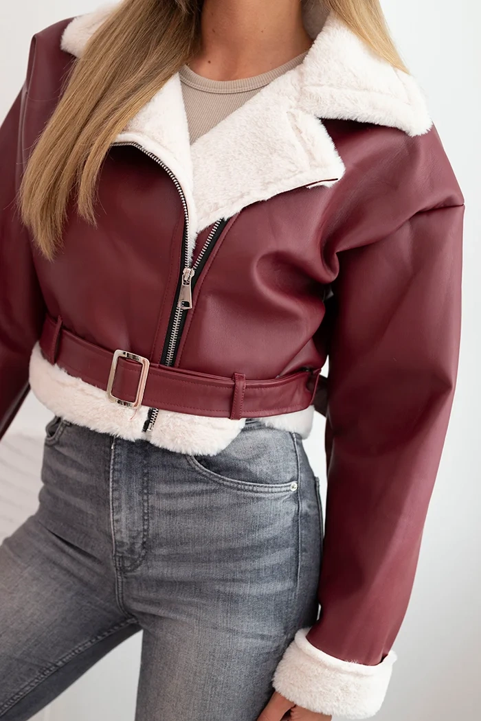 Kesi Włoski Women's pilot jacket made of eco-leather, insulated with fur and a belt, burgundy