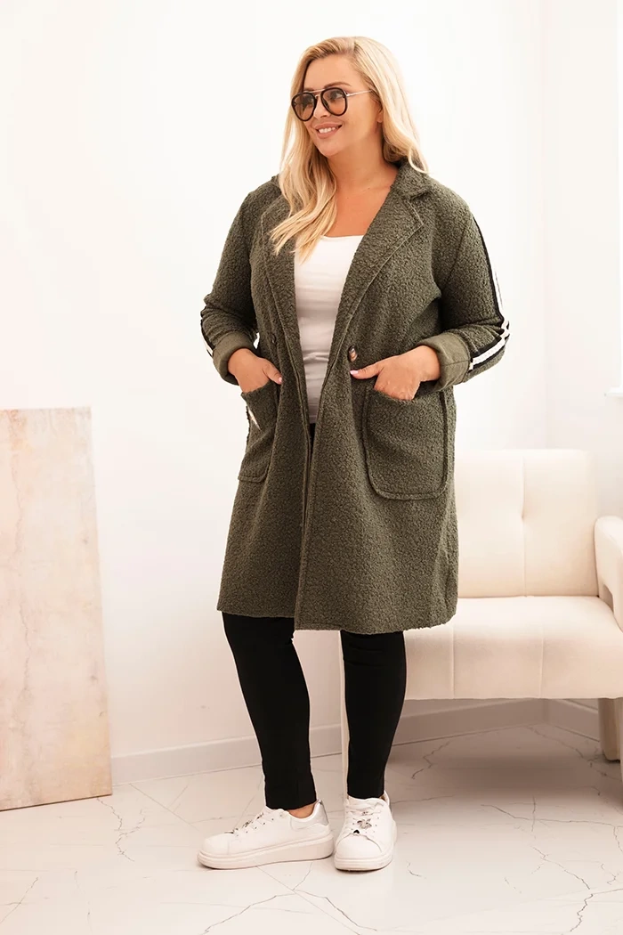 Kesi Włoski Plus Size women's coat made of faux sheepskin with pockets khaki
