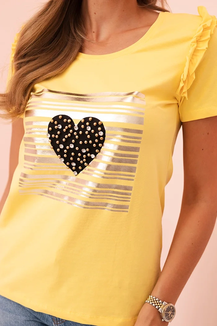Kesi Women's cotton blouse with ruffle and heart made of rhinestones yellow