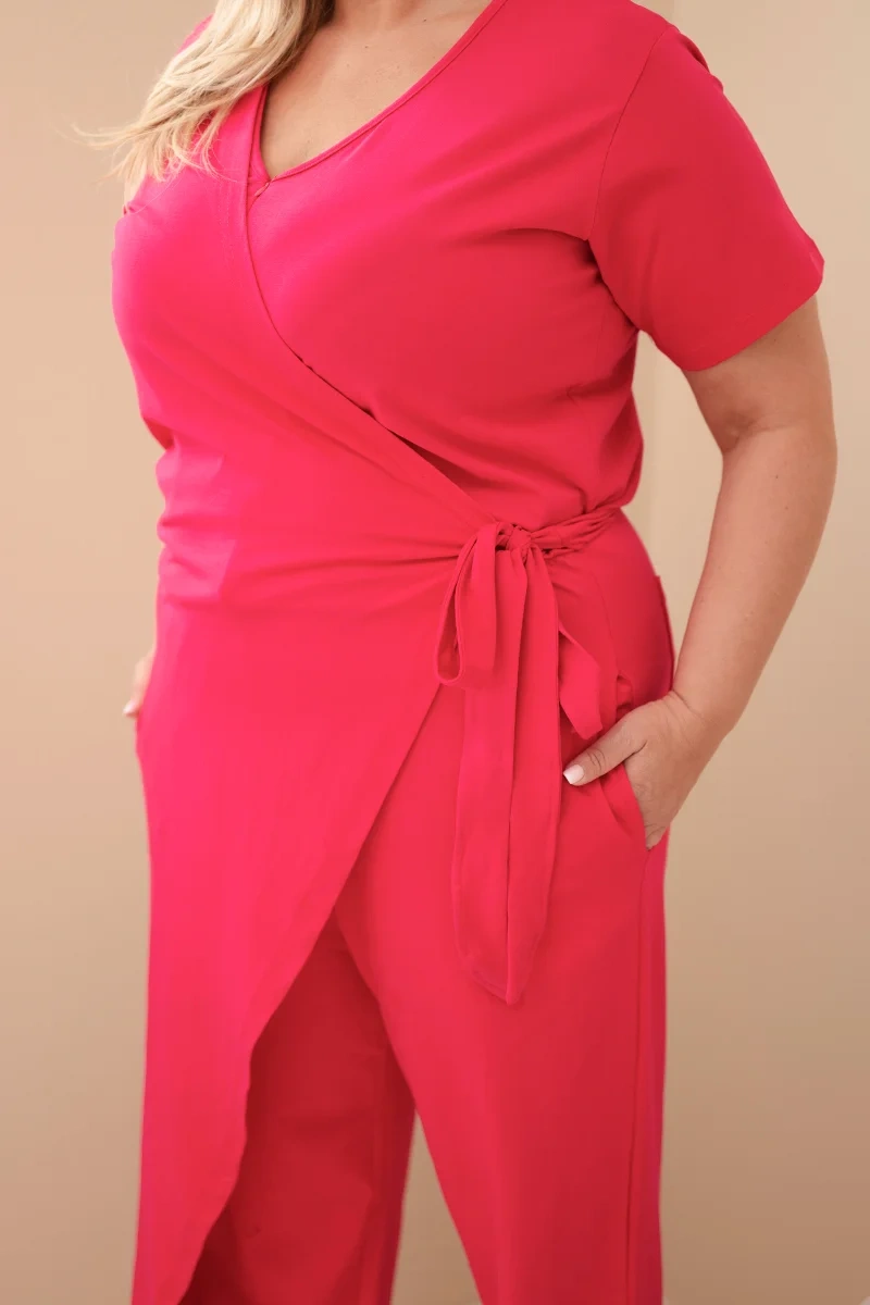 Dámsky plus size overal s viazaním v páse fuksia