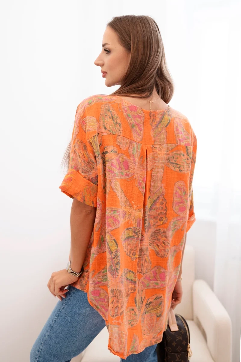 Kesi Włoski Women&#039;s cotton blouse with a butterfly pattern and buttons - orange