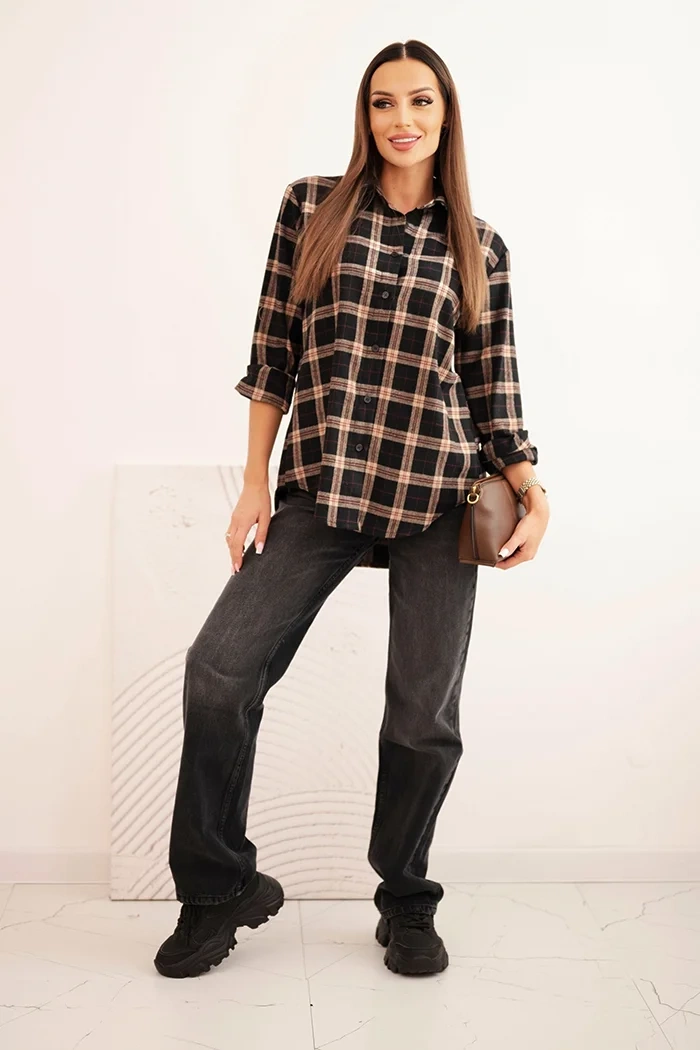 Kesi Włoski Women's cotton checkered shirt with a longer back black