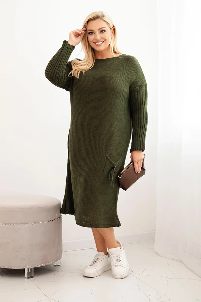 Kesi Włoski Plus Size women's oversized sweater dress with mohair and pocket khaki