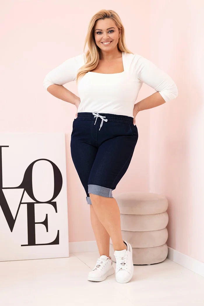 Kesi Włoski Dámské bavlněné šortky Plus Size s vázáním Tmavý denim