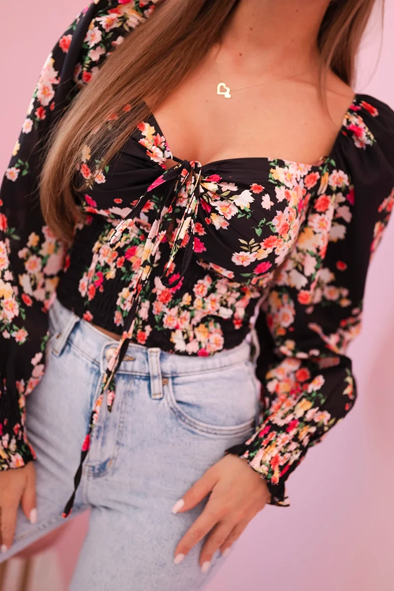 Kesi Włoski Women's floral Spanish blouse, long sleeve black