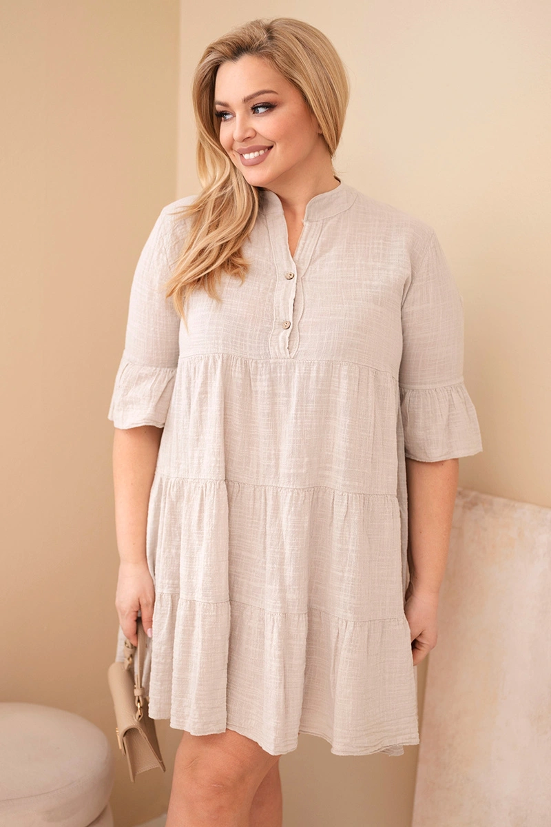 Plus-size bavlněné šaty s volánky béžové
