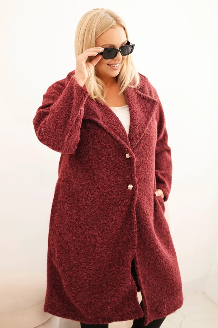 Kesi Włoski Dámsky kabát Plus Size s vlnou a veľkým golierom bordový