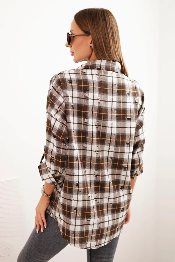 Kesi Włoski Women's cotton plaid shirt with a distressed effect brown