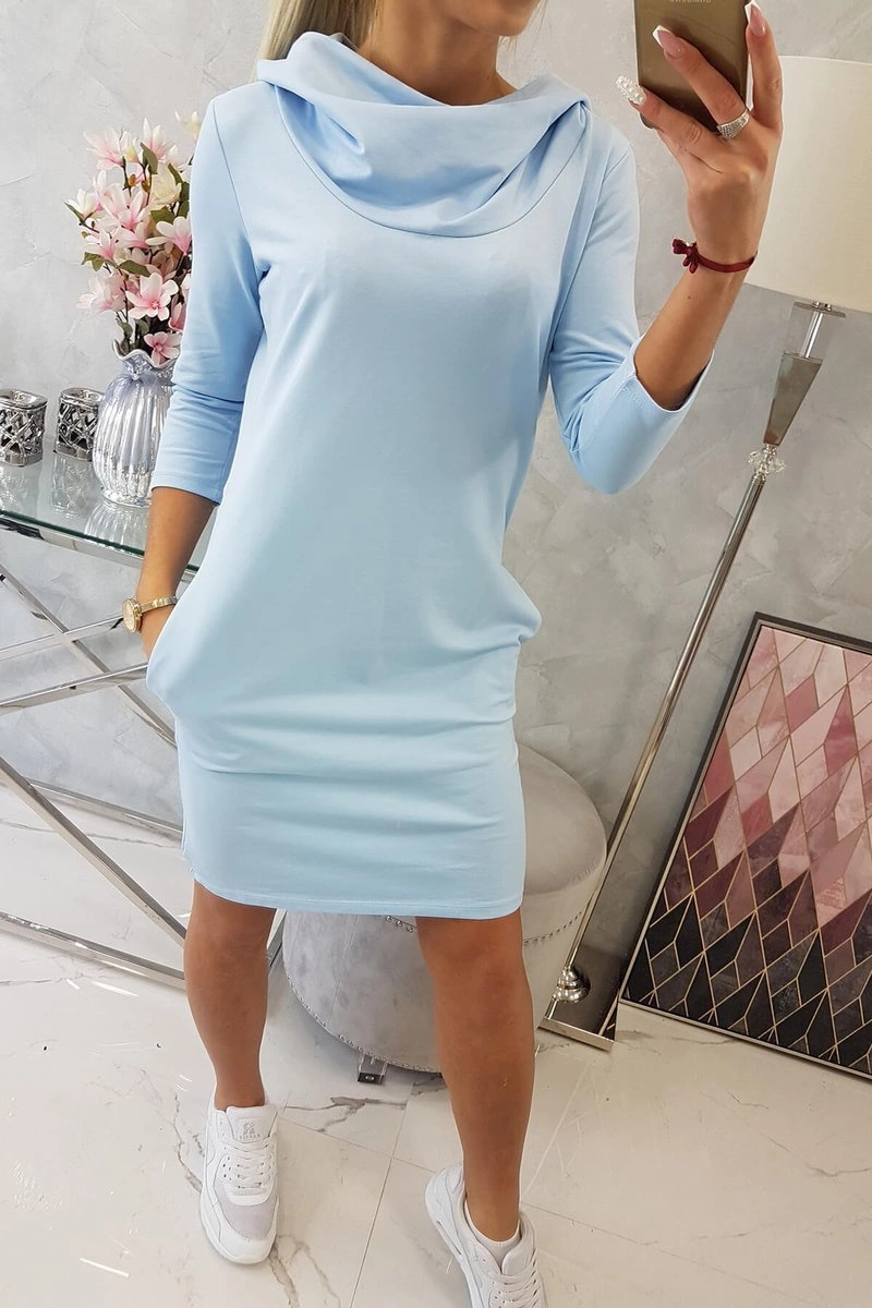 Dress with hood and pockets in azure color