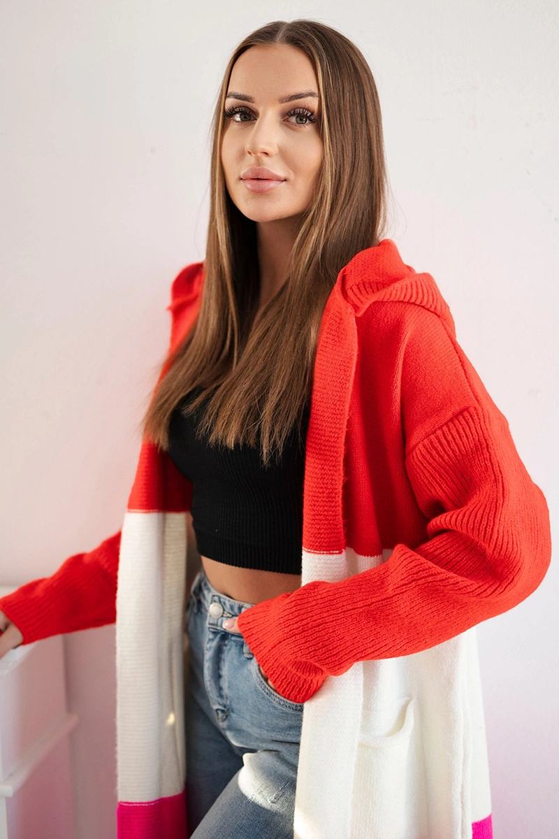 Striped hooded sweater red+ecru+pink