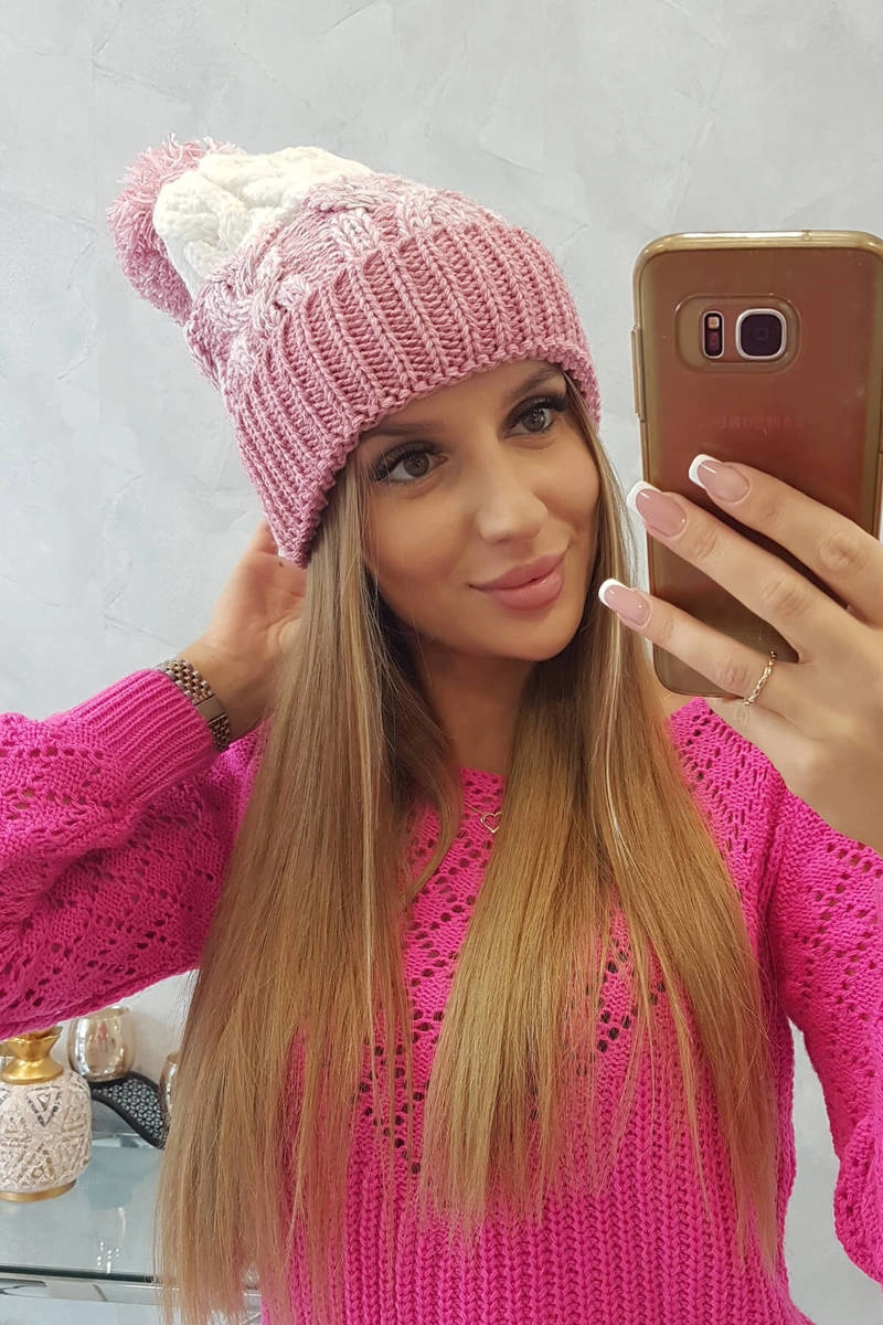 marka niezdefiniowana Cap with a pompom Abigail K326 powdered pink+ecru