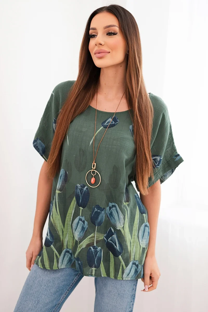 Дамска памучна блуза с флорален мотив, тъмно каки