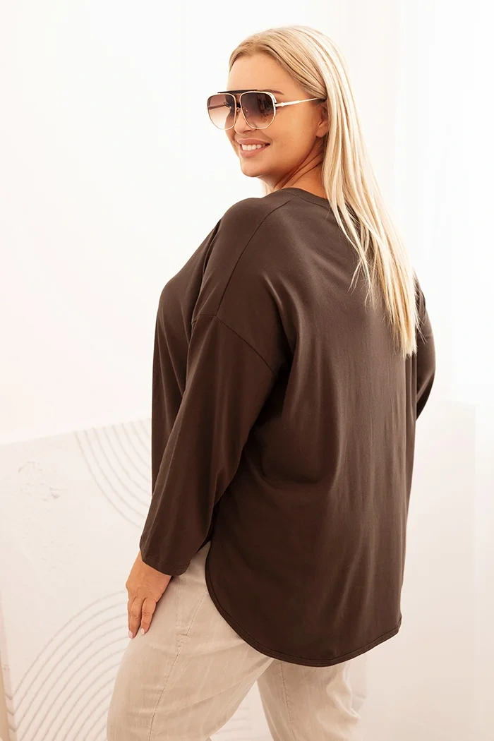 Kesi Włoski Women's Plus Size blouse with cotton, pocket, and rolled-up sleeve brown