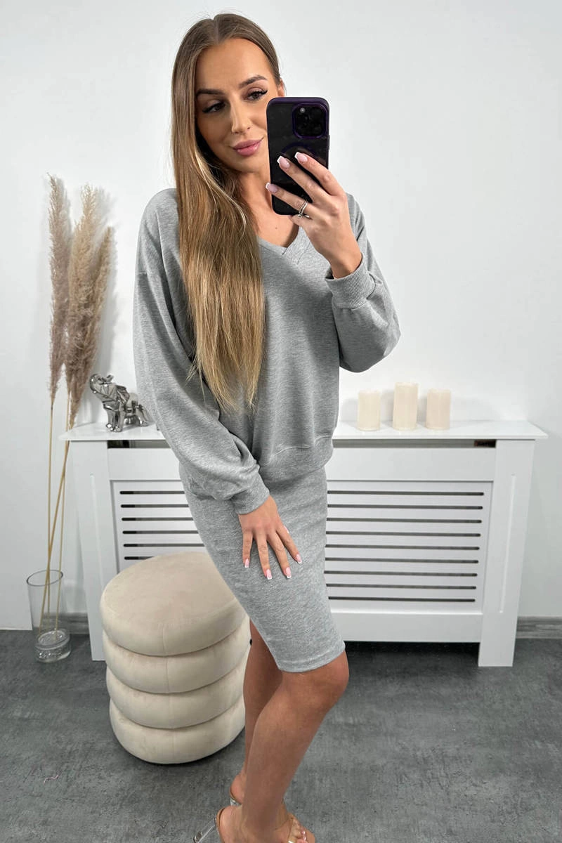 Blouse + ribbed dress set gray