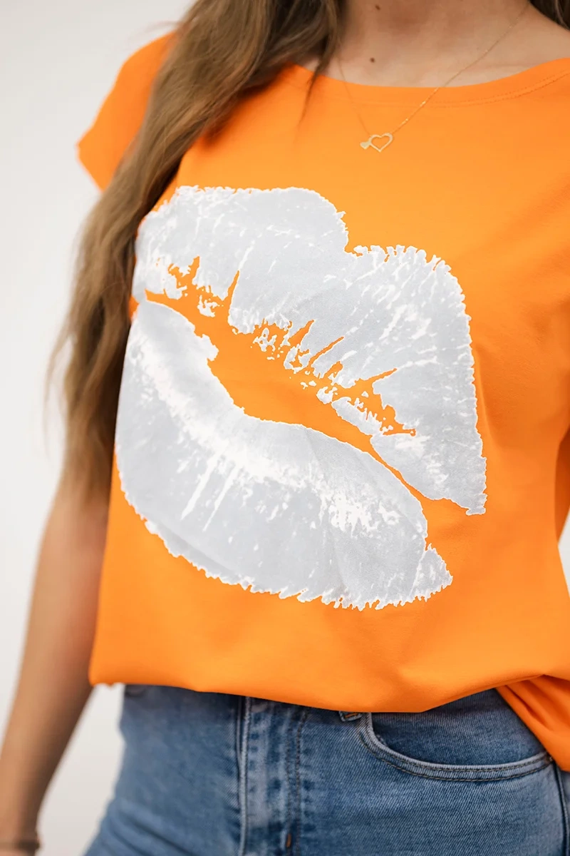 Blouse with orange lip print