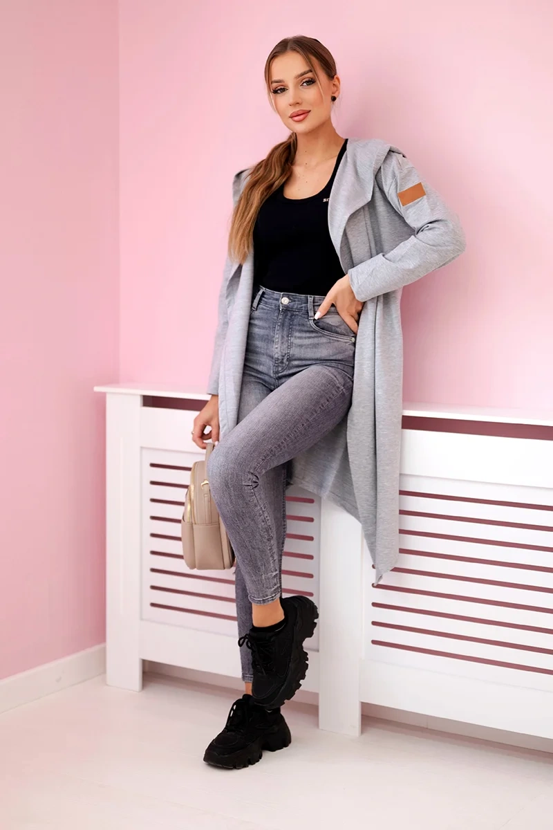 Long cardigan with a hood in gray color