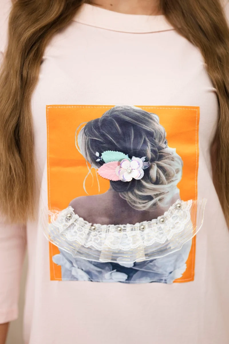 Dress with 3D graphics, lace powder pink