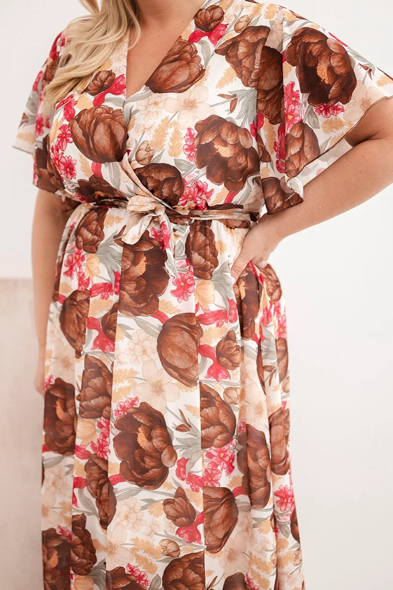 Kesi Włoski kvetinové šaty s opaskom hnedé, Plus Size