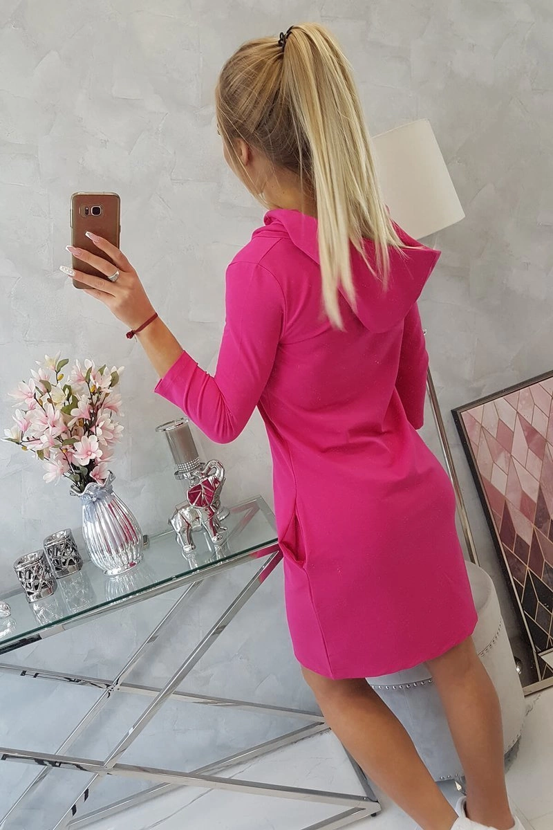 Dress with hood and fuchsia-colored pockets