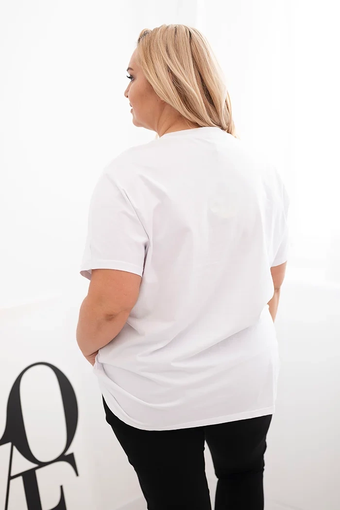 Kesi Włoski Women's Cotton Plus Size Blouse with Feather Motif white + pink