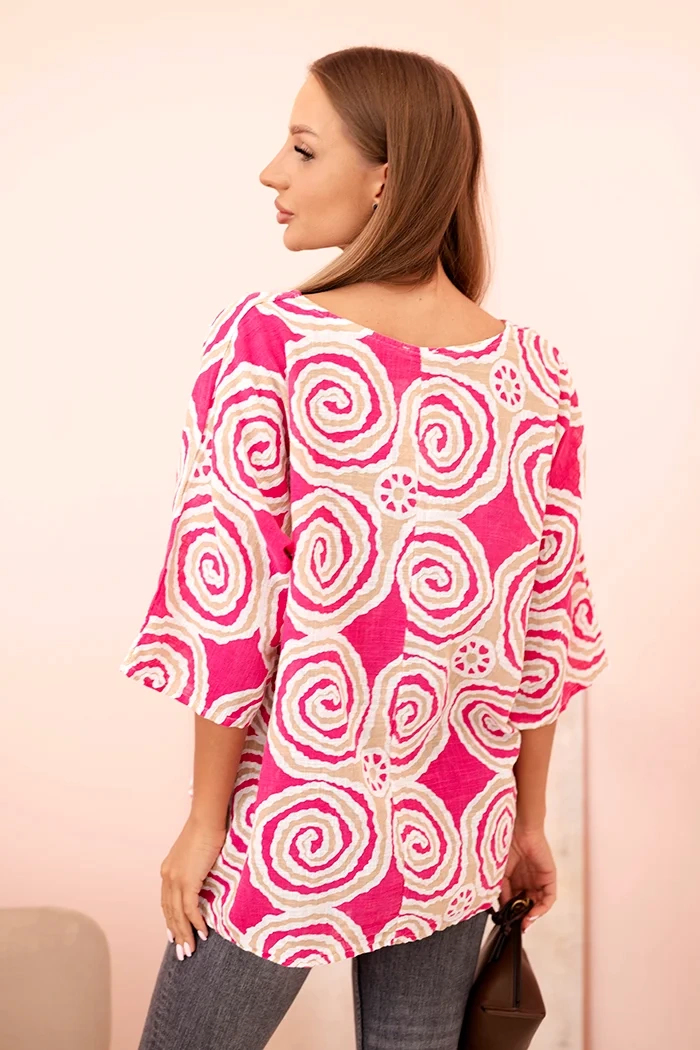 Kesi Włoski Women's cotton blouse with ethnic patterns and rolled-up sleeves fuchsia