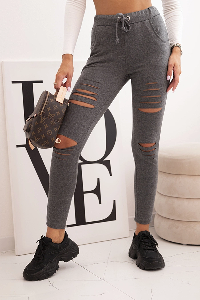 Kesi Dámske bavlnené nohavice s obrusovaním a gumou v páse grafitové