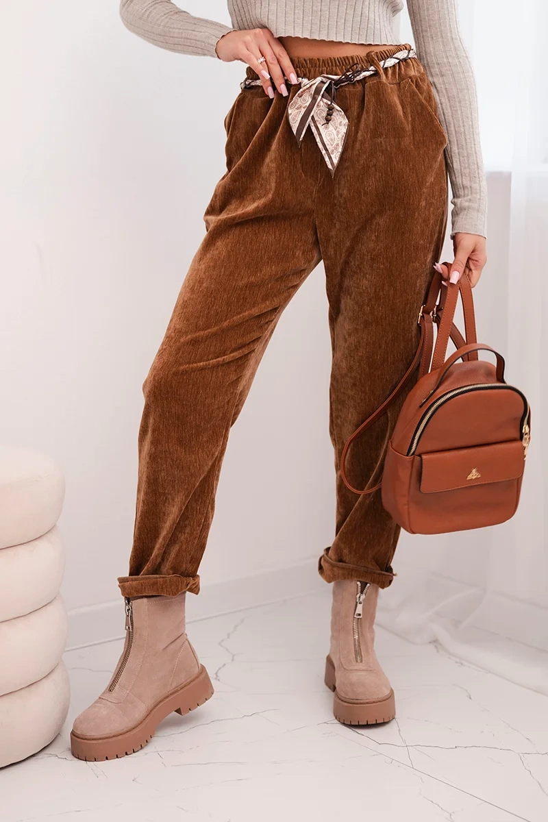 Kesi Włoski Women's viscose pants with a scarf belt camel