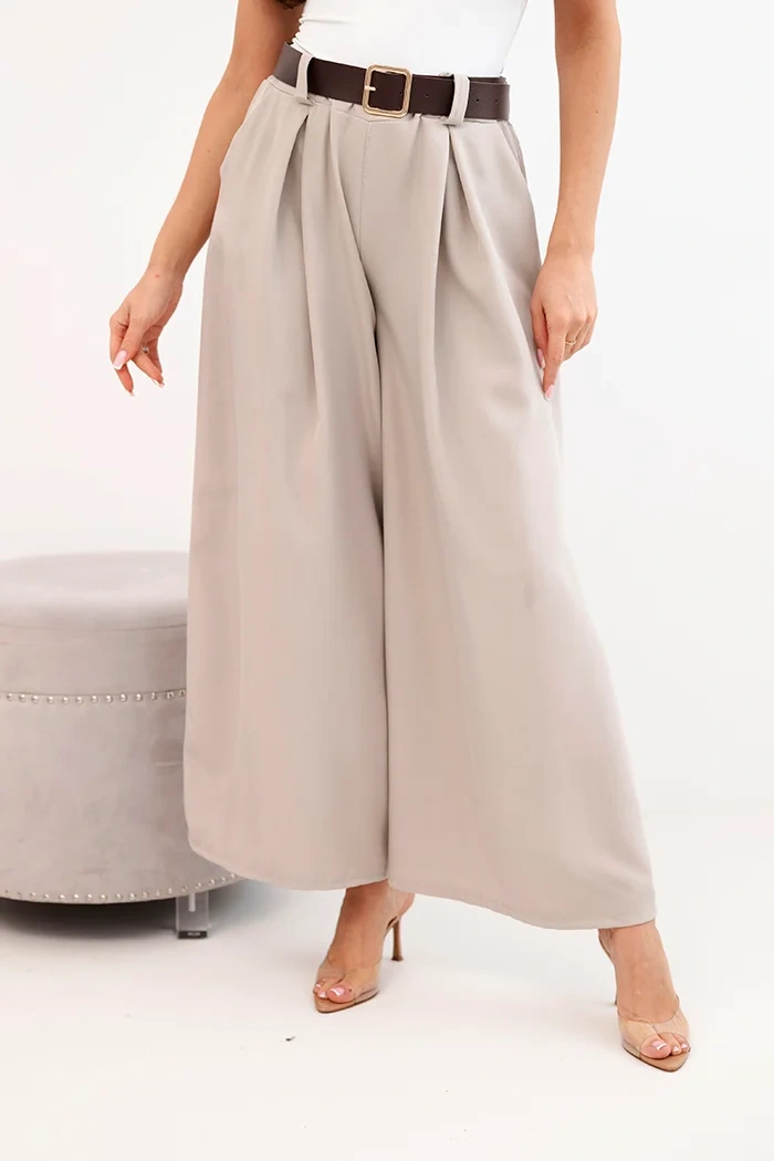 Kesi Włoski Dámske nohavice so širokým strihom a opaskom tmavo béžové