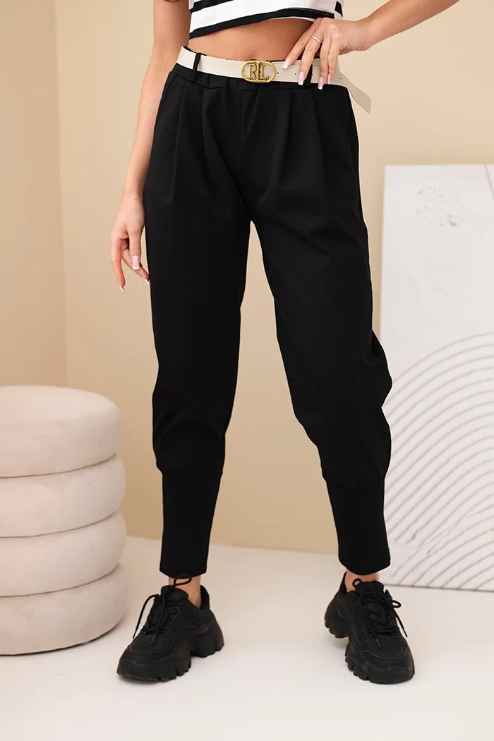 Kesi Włoski Dámske bavlnené nohavice s vysokým pásom a opaskom čierne