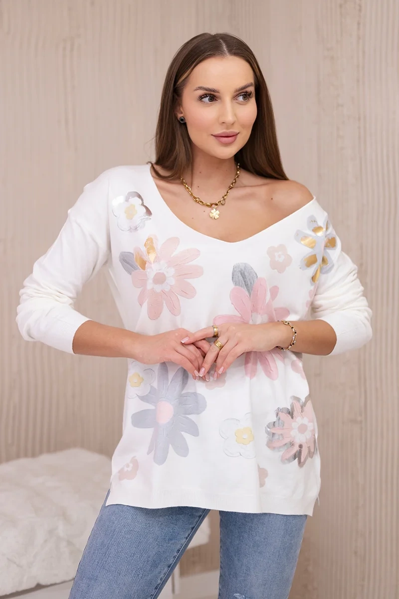 Sweater blouse with colorful flowers pink+gray