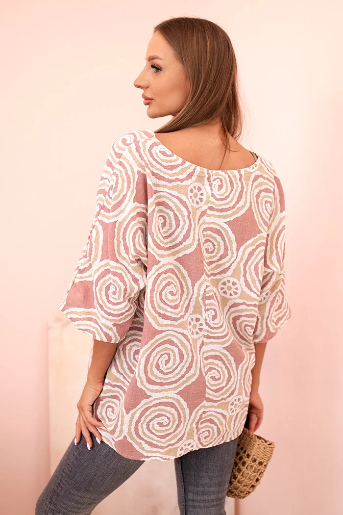 Kesi Włoski Women's cotton blouse with ethnic patterns and rolled-up sleeves dark pink