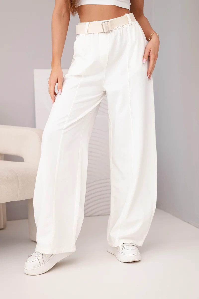 Dámské široké kalhoty s páskem ecru