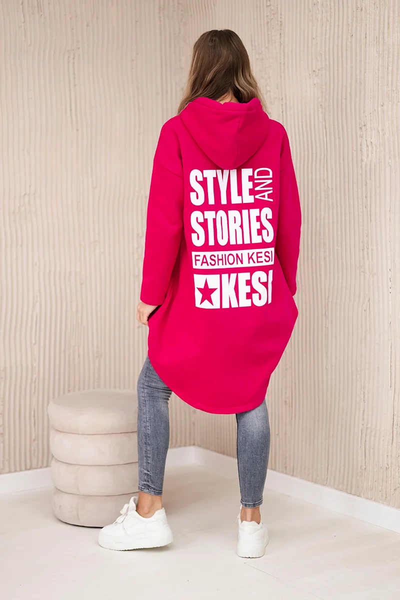 Padded sweatshirt with a long back and hood in fuchsia-coloured