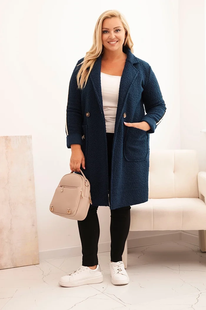 Kesi Włoski Plus Size women&#039;s coat made of faux shearling with pockets dark denim