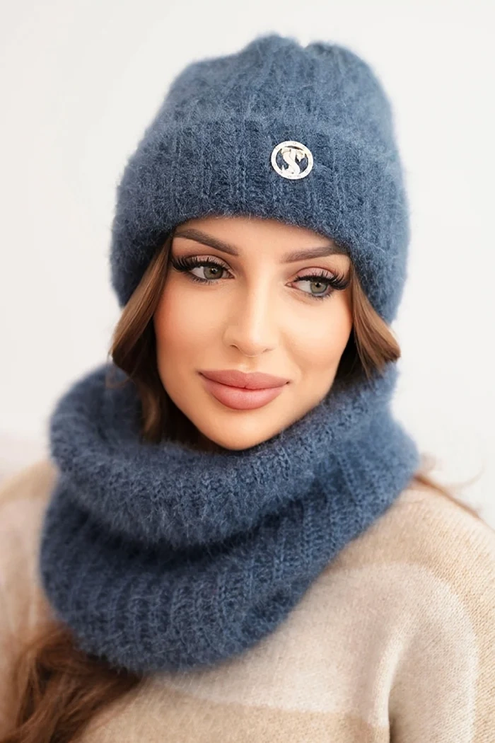 Kesi Women&#039;s set hat and winter fluffy scarf with decorative emblem denim color