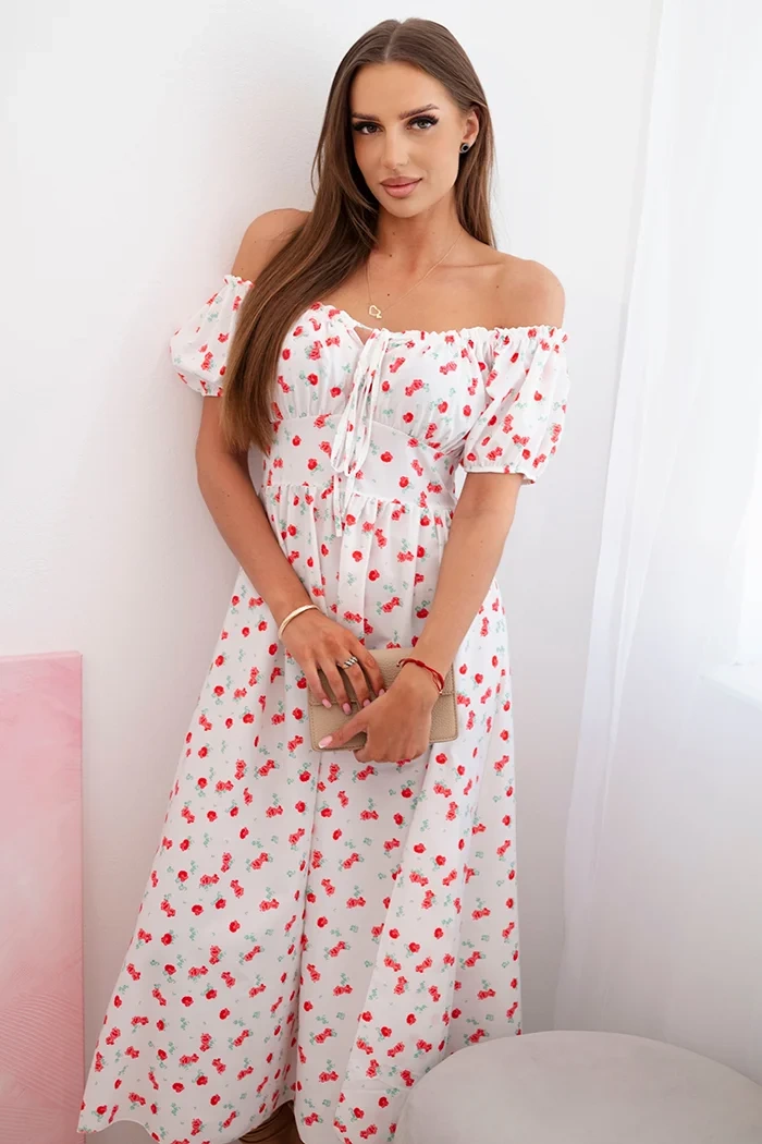 Kesi Włoski Women&#039;s maxi dress with flowers and puffs white