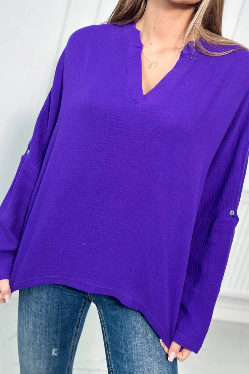 Cotton blouse with rolled up sleeves in dark purple color
