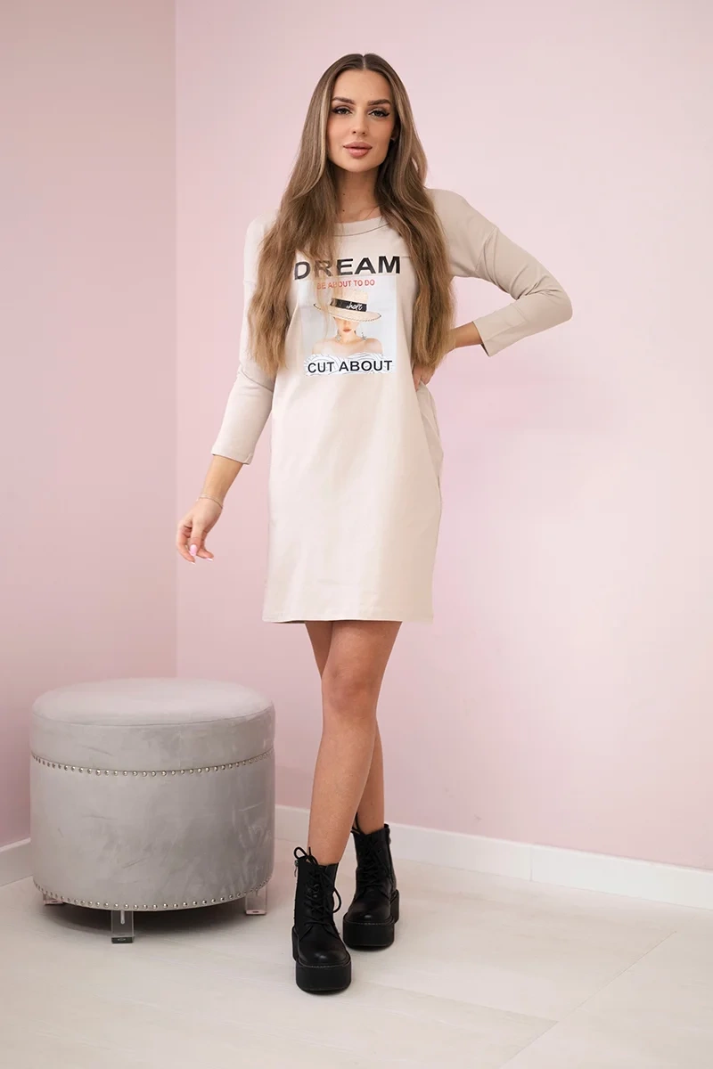 Dress with Dream print beige