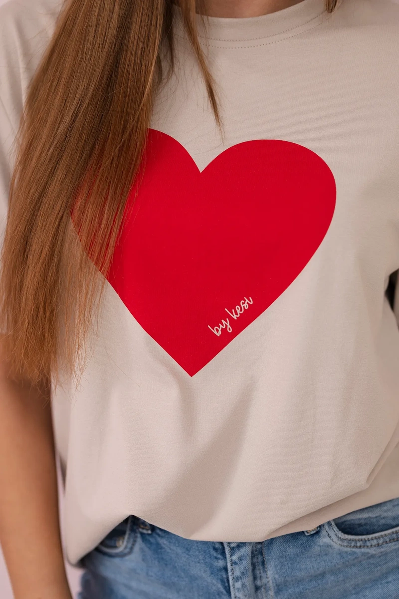 Cotton blouse with beige heart print