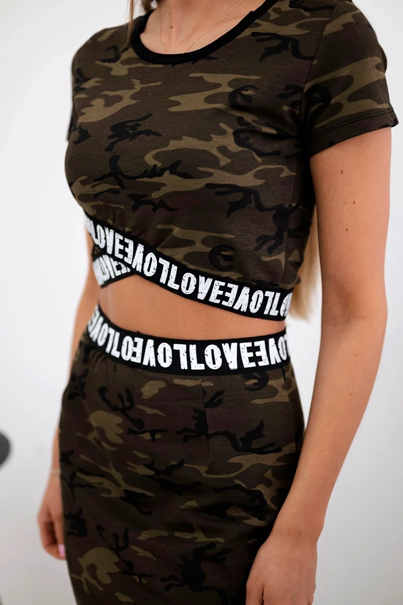 Set of blouse with camo skirt khaki+green