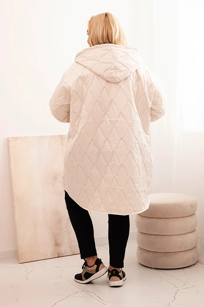 Kesi Włoski Plus Size women's quilted jacket with a hood and the inscription HOPE light beige