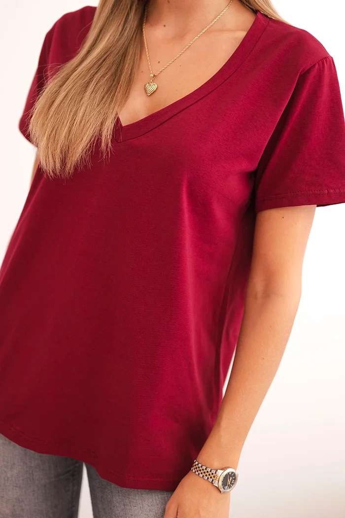 Polski Women's cotton blouse with a V-neck and short sleeves burgundy