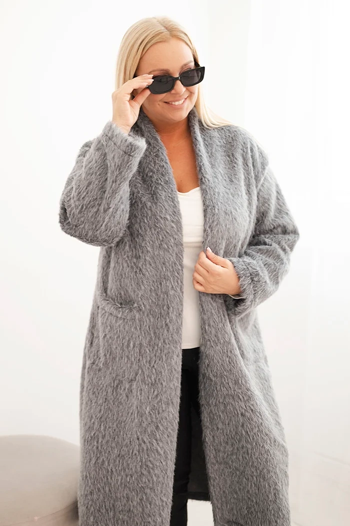 Kesi Włoski Dámsky kabát Plus Size z viskózy bez zapínania s vreckami šedý