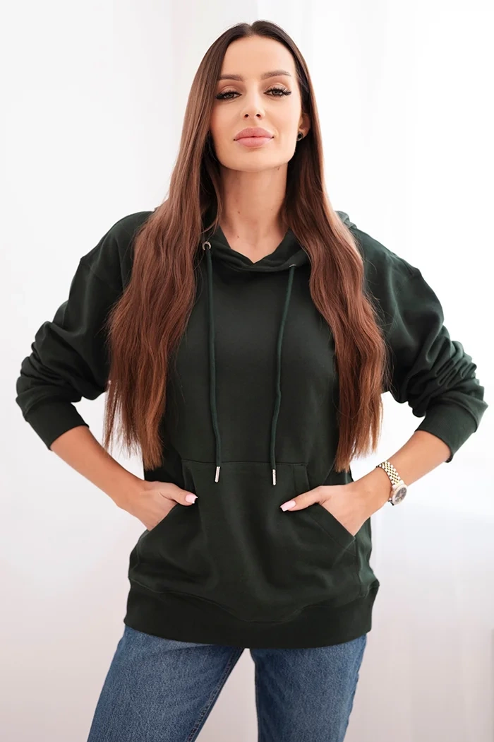 Kesi Włoski Women's cotton looped hoodie with kangaroo pocket dark green