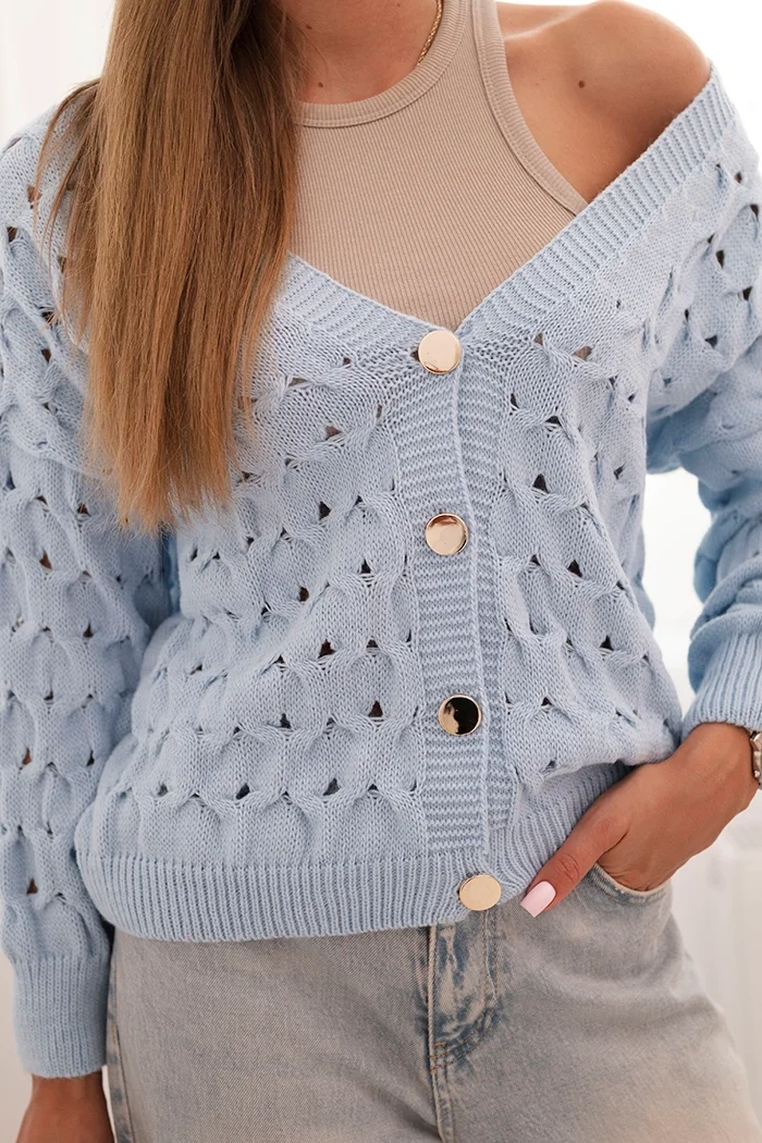 Kesi Włoski Women's openwork sweater with a V-neck and gold buttons blue