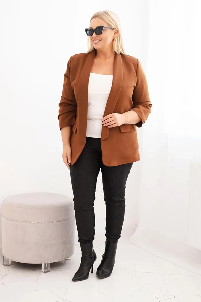 Kesi Włoski Women&#039;s Plus Size Unbuttoned Blazer with Lining XL/2XL brown